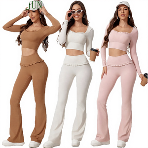 Ensemble de sport 2 pièces respirant à logo personnalisé, motif écossais, taille haute, en Spandex/Nylon, pour femme, avec lacets, idéal pour le yoga et l'entraînement en extérieur - Product Image 3