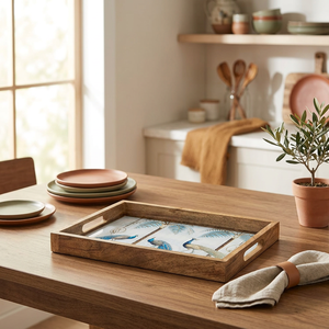 Plateau de service décoratif fait main en bois naturel laqué, imprimé floral, passe au lave-vaisselle, pour thé, café, collations, décoration intérieure - Product Image 2