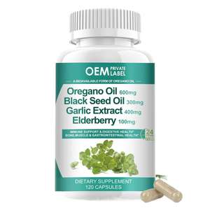 Capsules d'huile d'origan biologique OEM avec huile de nigelle, ail, sureau, vitamine D3 et glycinate de magnésium - Product Image 1