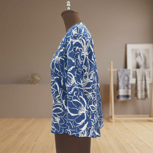 Blusa de Popelina 100% Algodón con Estampado Floral Vintage Azul para Mujer, Manga Tres Cuartos, Cuello en V, Botones, Formal, Primavera Verano, Corte Regular - Product Image 3