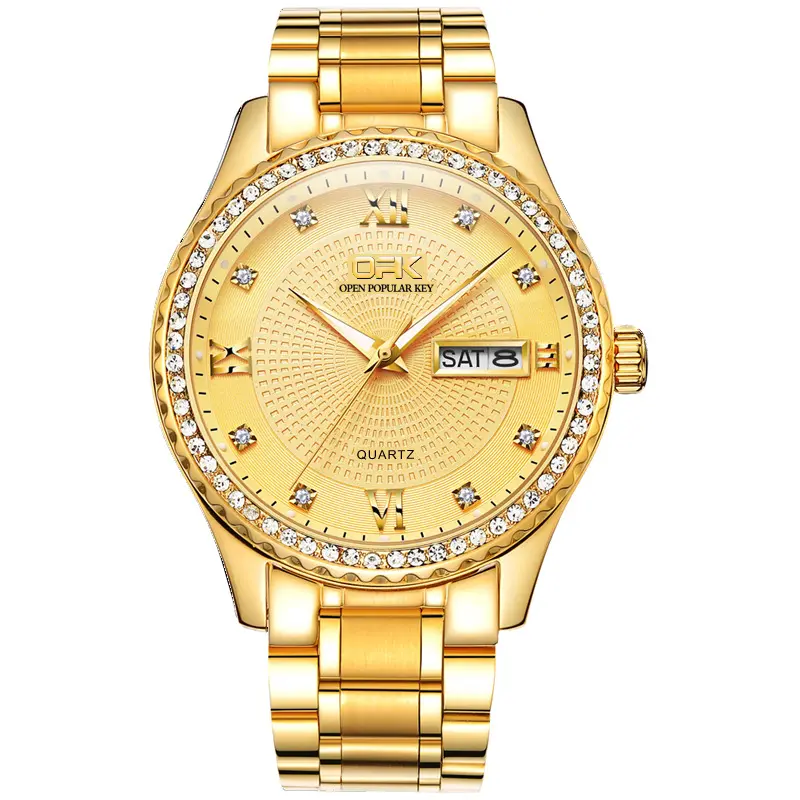 Роскошные золотые кварцевые наручные часы из нержавеющей стали с бриллиантами для мужчин
