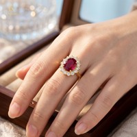Bague Halo de Luxe en Moissanite Rouge Rubis Taille Ovale, Hypoallergénique, en Argent Fin, pour Soirée