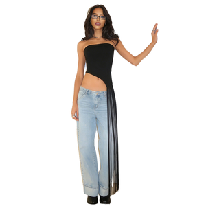 Débardeur asymétrique tricoté respirant pour femme avec franges latérales et découpes, couleur unie, coupe courte - Product Image 2