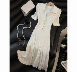 Vestido midi de punto acanalado para mujer con solapa, manga corta, detalle de botones, ajustado, con dobladillo acampanado, elegante para oficina o uso casual - Product Image 1
