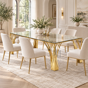 Table à manger moderne en verre miroir avec plateau en acier inoxydable, pieds ouverts décoratifs, mobilier de luxe pour événements et mariages - Product Image 4