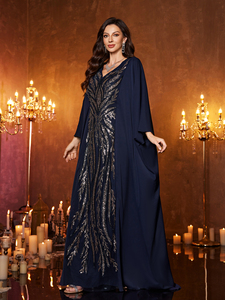 <span class=keywords><strong>Robe</strong></span> de soirée élégante pour femmes, col en V, manches chauve-souris, <span class=keywords><strong>longue</strong></span>, luxueuse, haut de gamme, avec des paillettes, des dentelles, des patchwork, en satin mat <span class=keywords><strong>bleu</strong></span> <span class=keywords><strong>marine</strong></span> - Product Image 4
