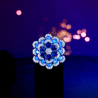 Bague Fleur Grande Taille Ajustable en Zircon Cubique Bleu de Luxe pour Femme, Accessoire de Robe de Mariée et de Soirée