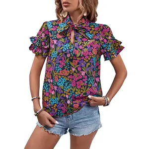 American leisure Women's Ethnic Casual Standing Collar Design Short Sleeved Printed Elegant Fashionable Commuting Shirt & Blouse