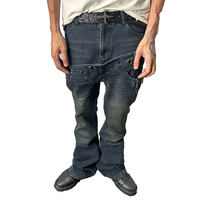 Jeans Vintage Rock Revival pour hommes, pantalon en jean évasé délavé à double ceinture coupe ajustée
