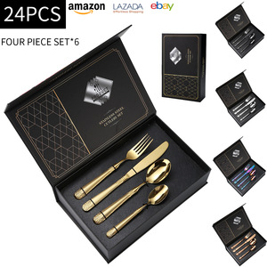 Juego de Cubiertos de Acero Inoxidable de 24 Piezas con Mango de Espiga Dorada, en Caja de Regalo Resistente para Adultos - Product Image 1