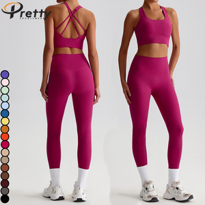 Set Olahraga Wanita Grosir 2pcs, Atasan Vest Punggung Terbuka & Legging Ribbed, Baju Yoga, Pakaian Olahraga Athleisure, Legging Pinggul - Product Image 3