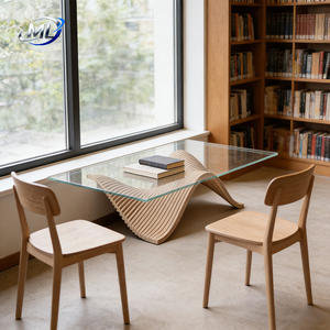 Mesa de Centro Moderna Estilo Farmhouse en Oferta, Mesa Cuadrada Grande con Tapa de Vidrio y Mármol, Base de Resina y Madera, Duradera para Interiores/Exteriores, Hotel, Hogar, Jardín - Product Image 4