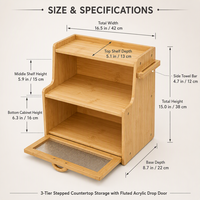 Meuble de rangement en bambou à 3 niveaux, organisateur de comptoir avec porte en acrylique cannelée, étagère ouverte et barre porte-serviettes latérale pour cuisine et bar à café