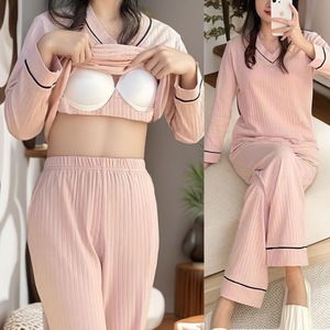 ชุดนอนผ้าฝ้ายลำลองสำหรับผู้หญิงช่วงฤดูใบไม้ร่วง 2 ชิ้น ชุดนอนแขนยาวหลวมพร้อมแผ่นรองบราเสื้อผ้าสำหรับนอนที่บ้าน - Product Image 3