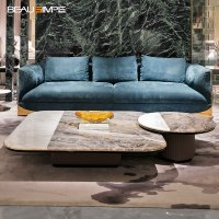 Table d'appoint en travertin minimaliste avec dessus en verre artisanal & base en pierre naturelle, personnalisable pour salon