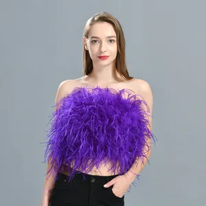 Natural Feather Fur Tank Tops Strapless Sleeveless Wraps Ostrich Feather Fur Tube Tops Fluffy Luxury Women Crop Pink Feather Top