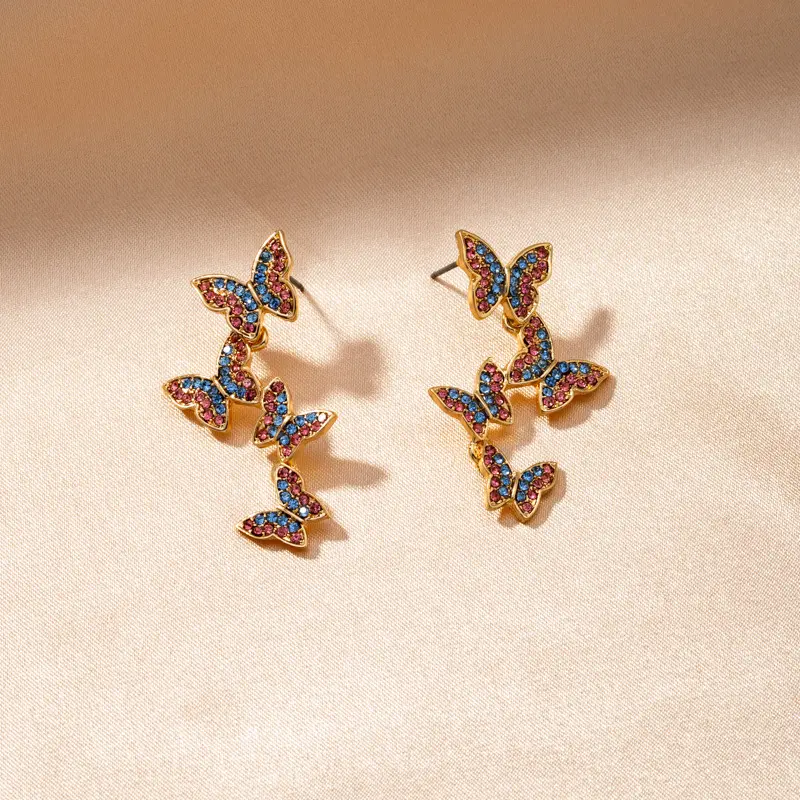 Alloy Fashion Personality Vintage Colorful Diamond Butterfly Earrings Full Rhinestone Crystal Multi Butterfly Drop Earrings
