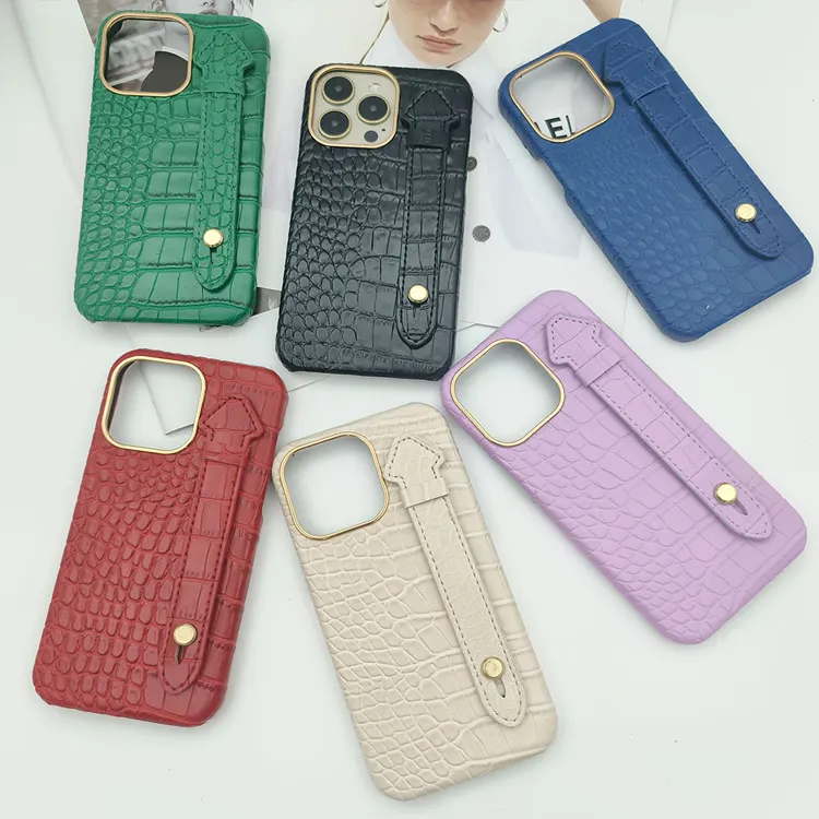New Design PU Leather Crocodile Pattern Wristband Phone Case Cover For iPhone 15 Pro Max 14 13 12 11 Girly Women Cases