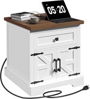 Table d'appoint en chêne massif style ferme avec station de charge, grande capacité, table de chevet avec tiroir pour salon et chambre