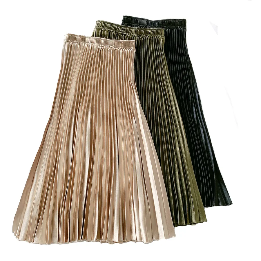 Атласная плиссированная юбка с высокой талией VD2303, осенняя однотонная черная, розовая, синяя, белая длинная юбка для женщин