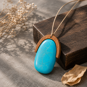 Collar con Colgante de Turquesa Natural Rikka Jewelry, Cadena de Cuerda con Marco de Madera Geométrico, Piedra Ovalada Bohemia, Joyería para Mujer, Regalo - Product Image 1