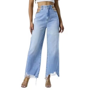 Jeans Casuales de Cintura Baja para Mujer, Estilo Desgastado, Pierna Ancha, Lavado Claro, Logotipo Bordado, Transpirables - Product Image 1