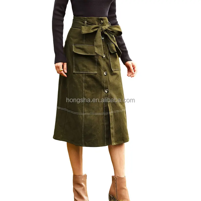 Army Green Flap Pocket Button Front Cotton Skirts Women Autumn Fall A Line Flare Skirt Ladies Belted Waist Long Cargo Skirt