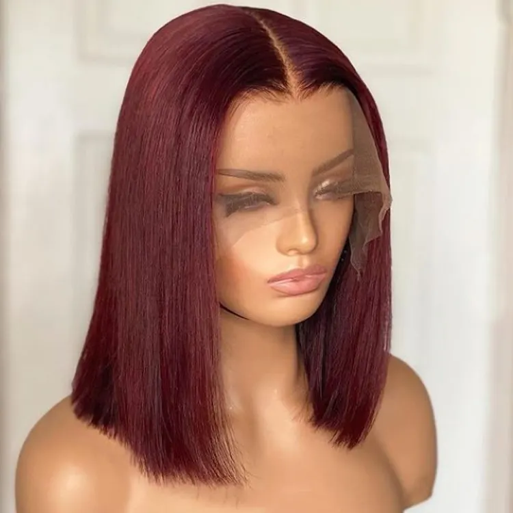 Wholesale 180% 200% density Glueless Remy Brazilian Human Hair ombre Dark Red 99j Lace Front Short Bone Straight Bob Wig