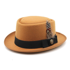 G205002 Chapeaux Pork <span class=keywords><strong>Pie</strong></span> et Fedora en feutre <span class=keywords><strong>de</strong></span> laine pliable pour hommes et femmes avec <span class=keywords><strong>plume</strong></span>, et chapeau melon en feutre <span class=keywords><strong>de</strong></span> laine avec <span class=keywords><strong>plume</strong></span> - Product Image 5