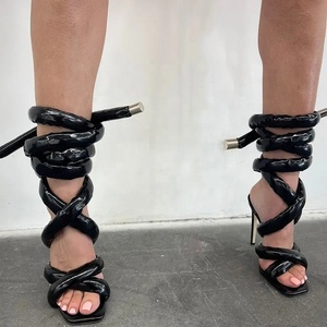 Fancy Design Custom Colors Solid Square Toe Stiletto Sandals Women Summer Cross Puffy Straps High Slim Heel <b>Shoes</b> - Product Image 2