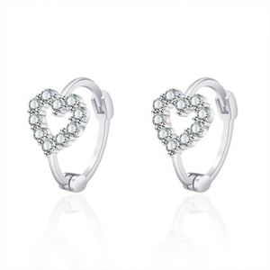 <b>Cute</b> Rhodium Plated Sterling Silver Hoop <b>Earrings</b> for Women Heart Huggie Natural Stone Zircon Hollow Ear Buckle Wedding Party - Product Image 2