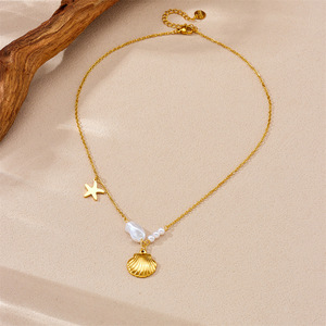 Korean Style Gold Plated Necklace With Pearl Starfish Scallop Pendant Stainless Steel Chain Everyday Wear - Product Image 3