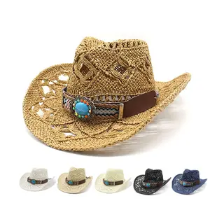 Sombreros Cowgirl หมวกคาวบอยคาดผมพร้อมเข็มขัดหนัง,หมวกคาวบอยแบบตะวันตกพร้อมเข็มขัดหนังสำหรับชายหาดฤดูร้อนปี2023