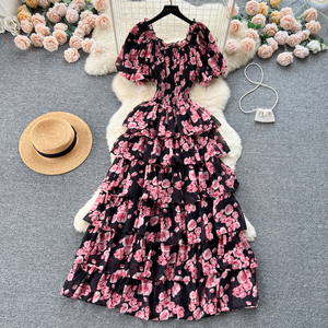 J7379 Vestido de Verano con Estampado Floral Vintage, Vestido Romántico para Mujer con Mangas Abullonadas, Cintura Ajustada, Vestido Largo Elegante para Mujer - Product Image 5
