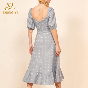 Bán Buôn Tùy Chỉnh Mùa Hè Phong Cách Mới Chấm In Bông Phụ Nữ Sexy Phồng Ngắn Tay Áo Side Slit Của Cô Gái Midi Phụ Nữ Dresses - Product Image 3