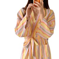Peignoir en coton rayé avec logo ODM/OEM, imprimé en relief, simple, décontracté, ample et confortable pour femme, vêtement d'intérieur