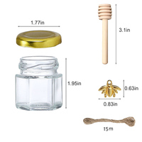 Lot de Mini Pots à Miel Hexagonaux en Verre Transparent de 40 ml avec Couvercle, Cuillère en Bois et Étiquette pour Bonbons Épices – Vente en Gros