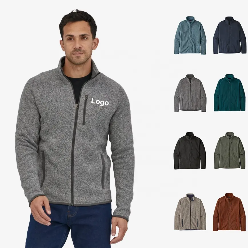 Customized Zipper Pockets Sweater Fleece Jacket Long Sleeve Knitted Stand Neck Sweater Men Jacket