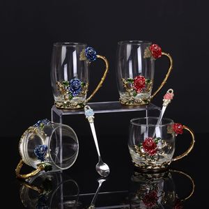 Rose Enamel Glass <b>Cup</b> <b>Set</b> European Style With Handle High Temperature Resistant Tea <b>Cup</b> Creative Gift Flower Design - Product Image 1
