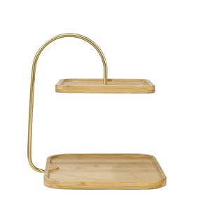 Plateau de service en bambou double couche avec support en métal doré, support de rangement polyvalent pour collations, bijoux, clés, style moderne minimaliste - Product Image 4