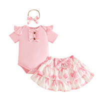 Ensemble d'été 2026 pour bébé fille : Barboteuse à manches courtes à volants avec nœud floral et jupe superposée en polyester