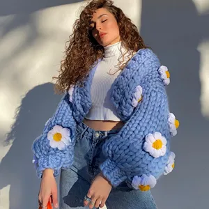 2024 New hand knit plus size chunky sweater handmade oversize knitted flowers cropped cardigan sweater women with flowers