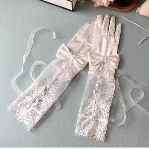 2024 français coude longueur Satin doigt complet gants de mariée élégant dentelle Satin Patch arc longue <span class=keywords><strong>mitaine</strong></span> <span class=keywords><strong>mariage</strong></span> gants de mariée - Product Image 6
