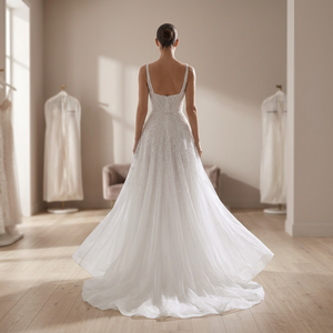 Elegante Vestido de Novia Vintage de Satén con Cuentas, Corte en A, Escote sin Tirantes, Largo hasta el Suelo, Tul, Cintura Natural, Bordado de Cristales - Product Image 5