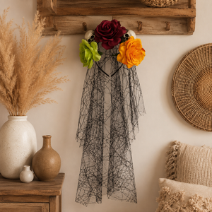 Serre-tête floral multi-tons frais rouge, orange, vert, rose, avec voile et <span class=keywords><strong>couronne</strong></span> de <span class=keywords><strong>cheveux</strong></span> en maille d'araignée - Product Image 6