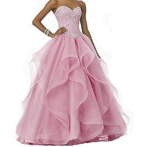 Pink Ball Gown Evening Dress Strapless Beaded Organza Tiered Skirt Formal Prom Dress - Product Image 1