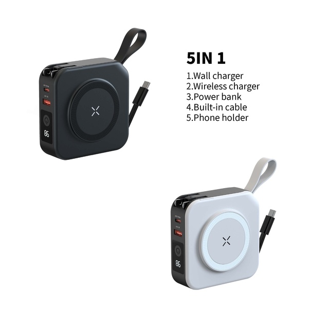 Portable 5 in 1 Wireless Charger 10000mah Power Bank with Built Wall Plug 20W Output Power Phone Holder for Travel
