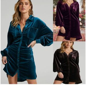 Diseñador <span class=keywords><strong>de</strong></span> las mujeres sólido Otoño Invierno Vestido largo <span class=keywords><strong>de</strong></span> <span class=keywords><strong>terciopelo</strong></span> estilo europeo americano rodilla botón decoración XL tamaño vestido - Product Image 1