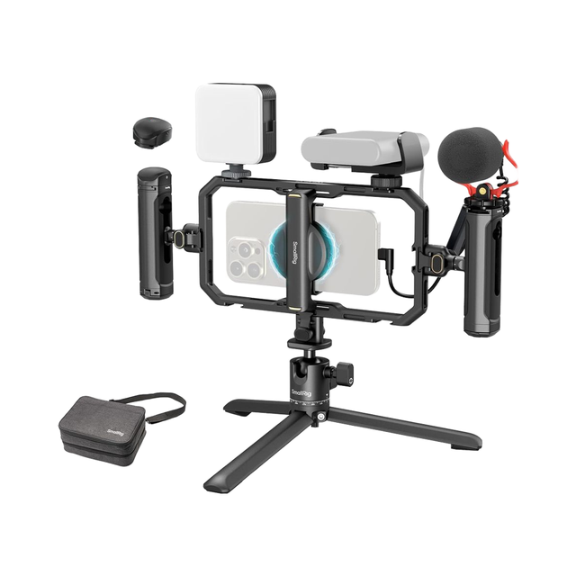For SmallRig Pro Phone Stabilizer Rig Kit All-in-One Universal Quick Release LED Light QR Tripod Dual Handles Power Bank for