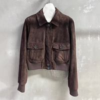Veste bomber en daim véritable Jxwatcher pour femme, en peau de mouton, fermeture éclair, manches longues, chaude, coupe-vent, personnalisée, marron foncé